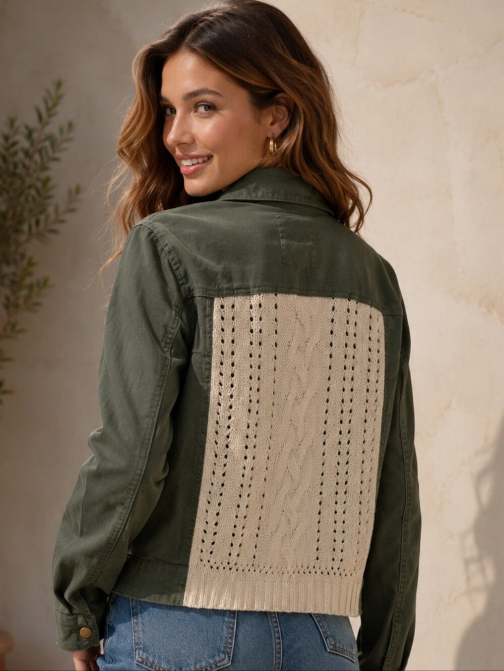 Sound & Matter Olive Green Snap-Front Jean Jacket with Cream Knit Back